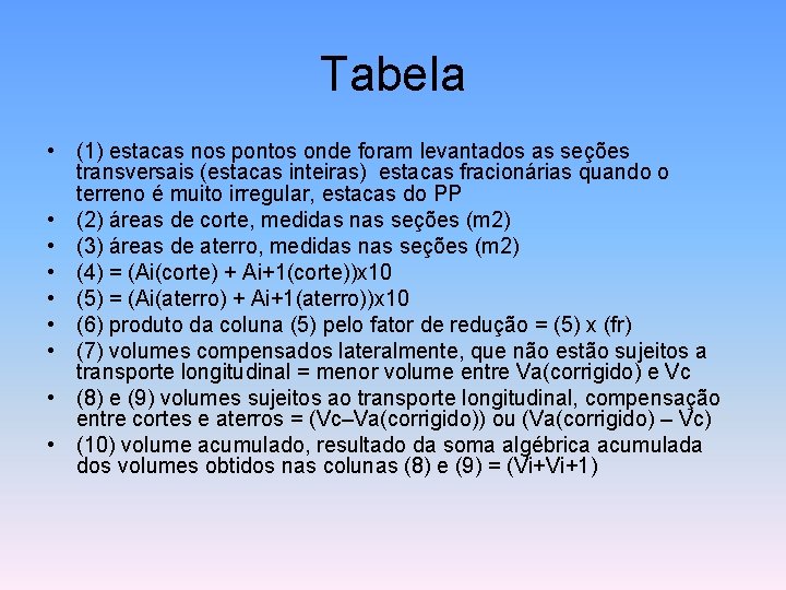 Tabela • (1) estacas nos pontos onde foram levantados as seções transversais (estacas inteiras)