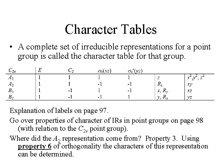 Character Tables • A complete set of irreducible representations for a point group is