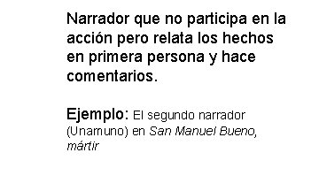 Narrador que no participa en la acción pero relata los hechos en primera persona Narrador que no participa en la acción pero relata los hechos en primera persona