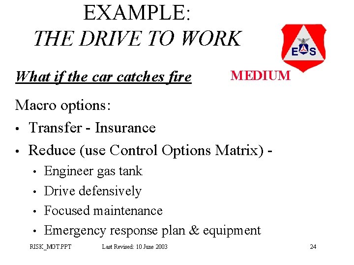 EXAMPLE: THE DRIVE TO WORK What if the car catches fire MEDIUM Macro options: EXAMPLE: THE DRIVE TO WORK What if the car catches fire MEDIUM Macro options: