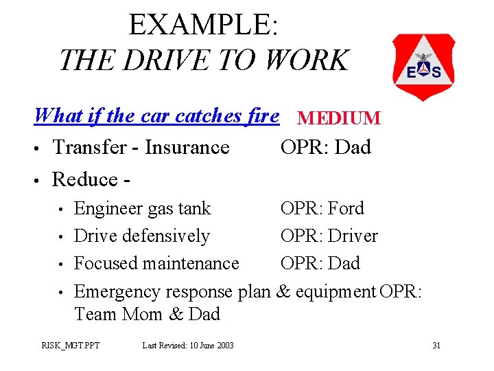 EXAMPLE: THE DRIVE TO WORK What if the car catches fire MEDIUM • Transfer EXAMPLE: THE DRIVE TO WORK What if the car catches fire MEDIUM • Transfer