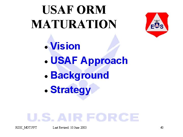 USAF ORM MATURATION · Vision · USAF Approach · Background · Strategy RISK_MGT. PPT USAF ORM MATURATION · Vision · USAF Approach · Background · Strategy RISK_MGT. PPT