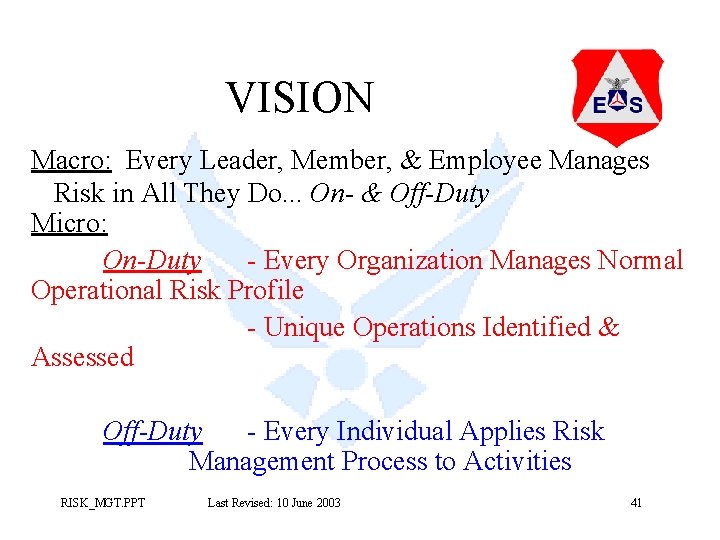 VISION Macro: Every Leader, Member, & Employee Manages Risk in All They Do. . VISION Macro: Every Leader, Member, & Employee Manages Risk in All They Do. .