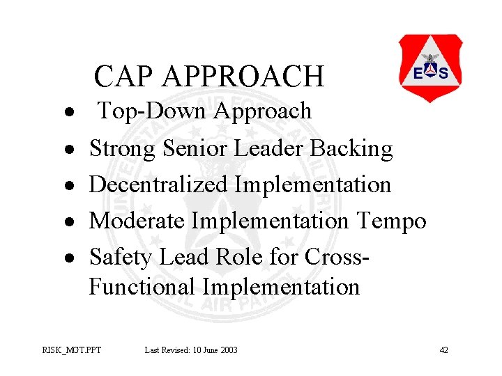 · · · CAP APPROACH Top-Down Approach Strong Senior Leader Backing Decentralized Implementation Moderate · · · CAP APPROACH Top-Down Approach Strong Senior Leader Backing Decentralized Implementation Moderate