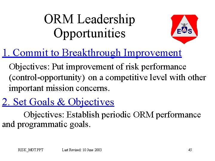 ORM Leadership Opportunities 1. Commit to Breakthrough Improvement Objectives: Put improvement of risk performance ORM Leadership Opportunities 1. Commit to Breakthrough Improvement Objectives: Put improvement of risk performance