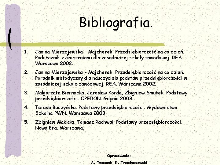 Bibliografia. 1. Janina Mierzejewska – Majcherek. Przedsiębiorczość na co dzień. Podręcznik z ćwiczeniami dla
