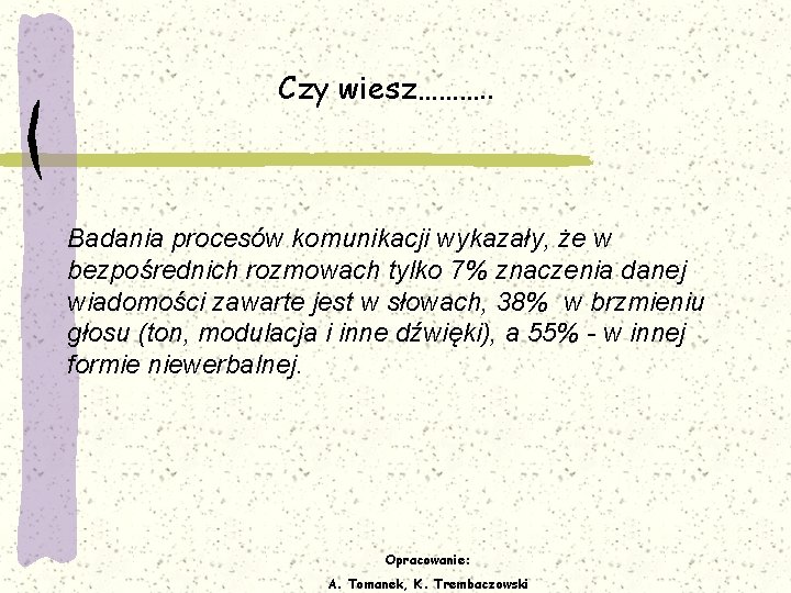 Czy wiesz………. . Badania procesów komunikacji wykazały, że w bezpośrednich rozmowach tylko 7% znaczenia