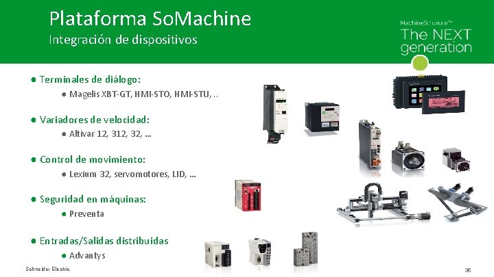 Plataforma So. Machine Integración de dispositivos ● Terminales de diálogo: ● Magelis XBT-GT, HMI-STO,