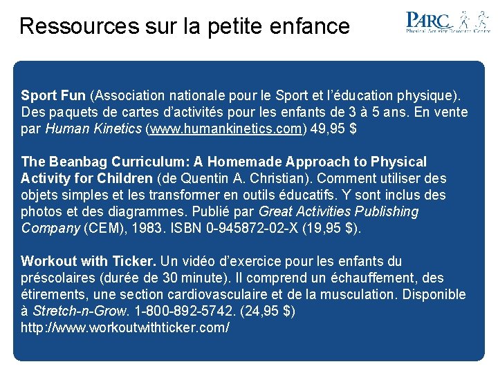 Ressources sur la petite enfance Sport Fun (Association nationale pour le Sport et l’éducation