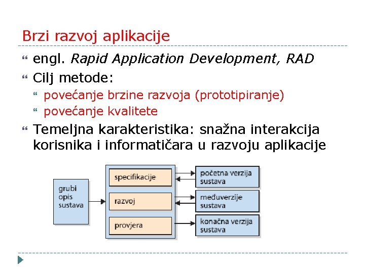 Brzi razvoj aplikacije engl. Rapid Application Development, RAD Cilj metode: povećanje brzine razvoja (prototipiranje)