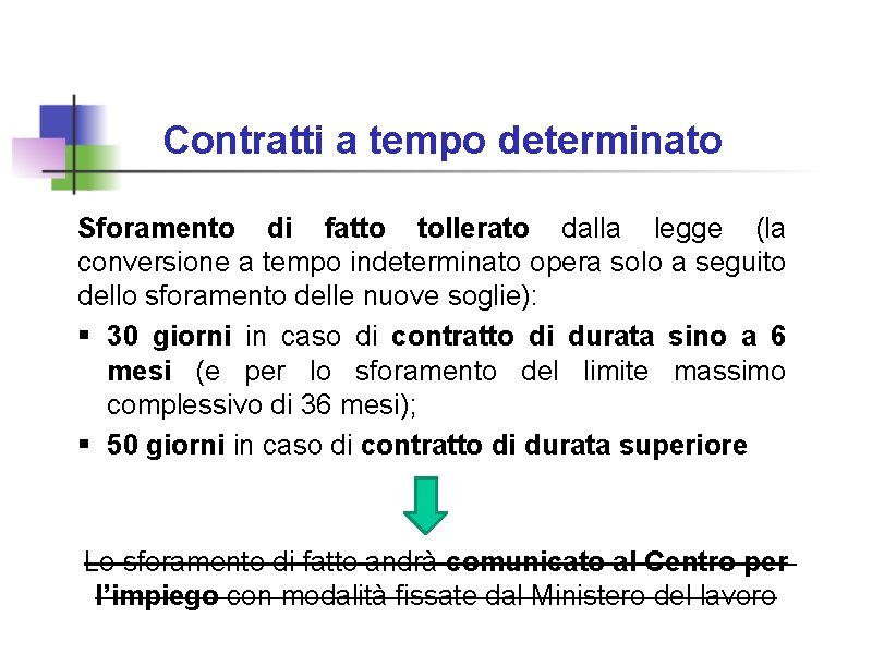 Contratti a tempo determinato Sforamento di fatto tollerato dalla legge (la conversione a tempo