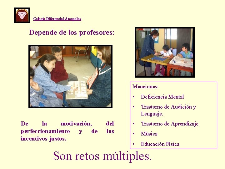 Colegio Diferencial Amapolas Depende de los profesores: Menciones: De la motivación, perfeccionamiento y de