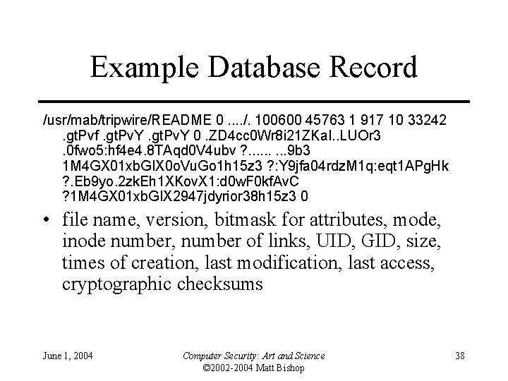 Example Database Record /usr/mab/tripwire/README 0. . /. 100600 45763 1 917 10 33242. gt. Example Database Record /usr/mab/tripwire/README 0. . /. 100600 45763 1 917 10 33242. gt.