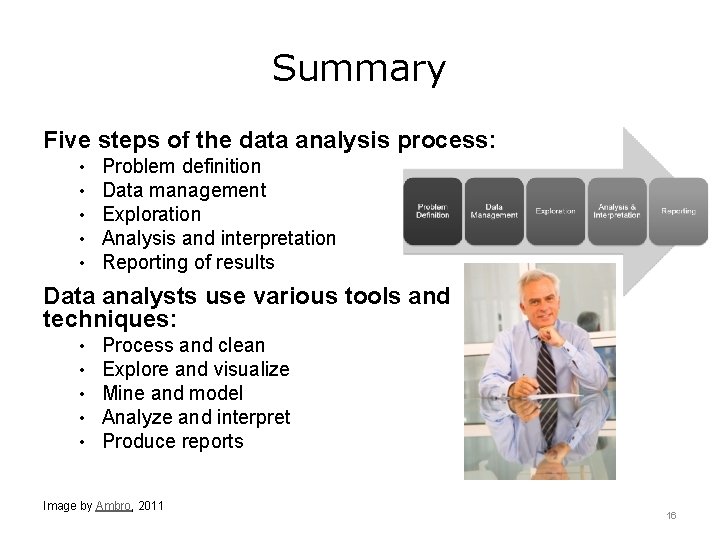 Summary Five steps of the data analysis process: • • • Problem definition Data