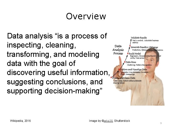 Overview Data analysis “is a process of inspecting, cleaning, transforming, and modeling data with