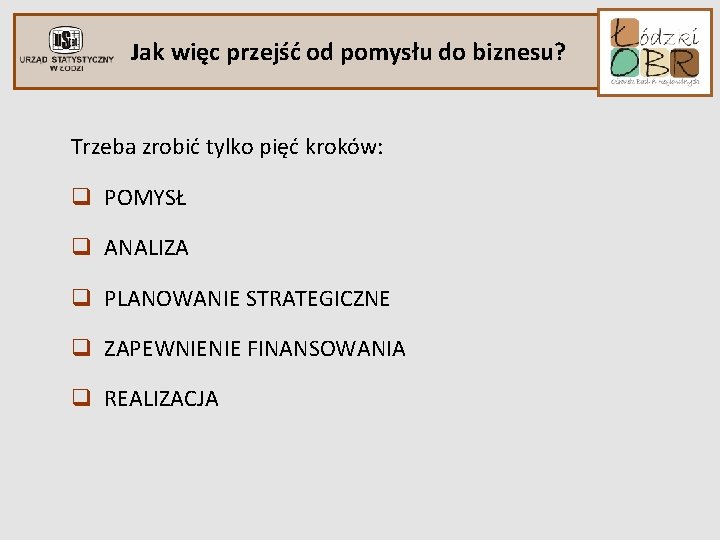 Jak więc przejść od pomysłu do biznesu? Trzeba zrobić tylko pięć kroków: q POMYSŁ