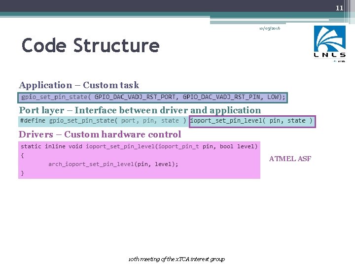 11 10/03/2016 Code Structure Application – Custom task Port layer – Interface between driver