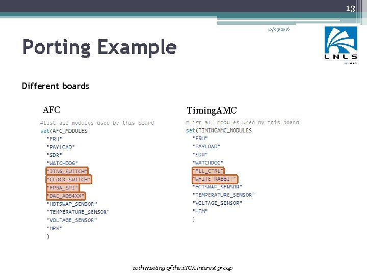 13 10/03/2016 Porting Example Different boards AFC Timing. AMC 10 th meeting of the