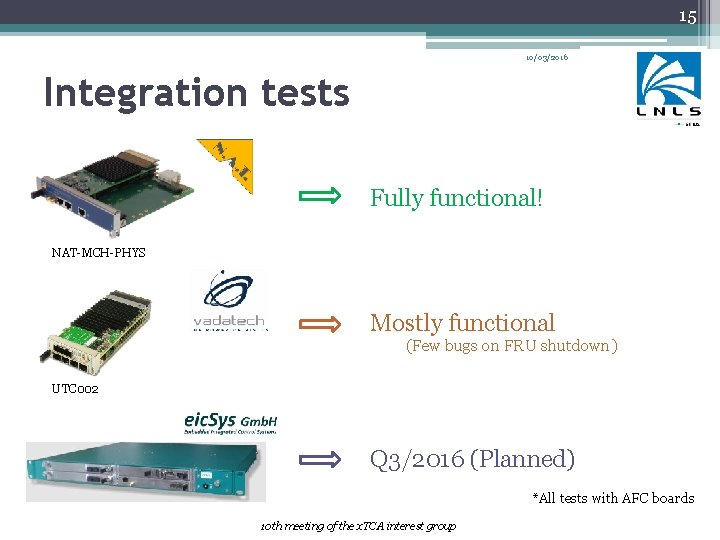 15 10/03/2016 Integration tests Fully functional! NAT-MCH-PHYS Mostly functional (Few bugs on FRU shutdown)