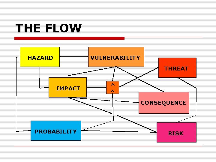 THE FLOW HAZARD VULNERABILITY THREAT IMPACT ^ ^ CONSEQUENCE PROBABILITY RISK 