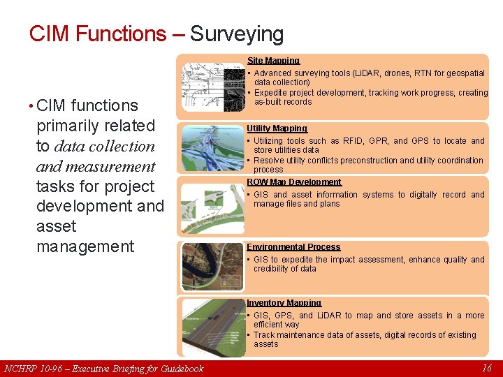 CIM Functions – Surveying Site Mapping • CIM functions primarily related to data collection