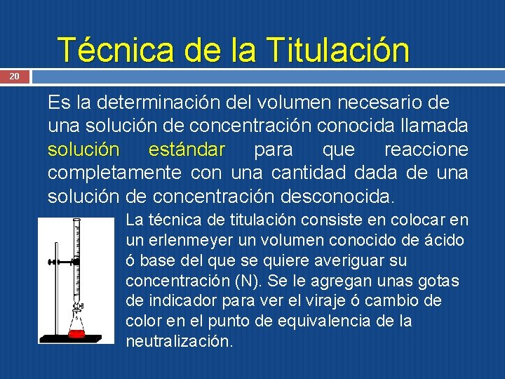 Técnica de la Titulación 20 Es la determinación del volumen necesario de una solución Técnica de la Titulación 20 Es la determinación del volumen necesario de una solución