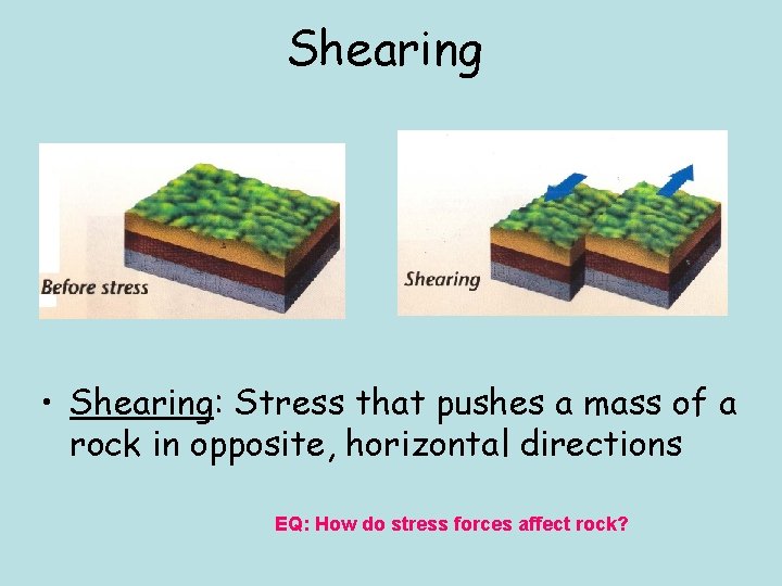 Shearing • Shearing: Stress that pushes a mass of a rock in opposite, horizontal