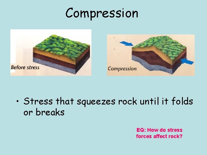 Compression • Stress that squeezes rock until it folds or breaks EQ: How do
