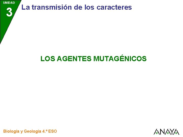 UNIDAD 3 La transmisión de los caracteres LOS AGENTES MUTAGÉNICOS Biología y Geología 4.