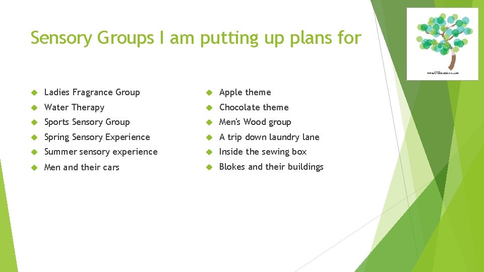 Sensory Groups I am putting up plans for Ladies Fragrance Group Apple theme Water