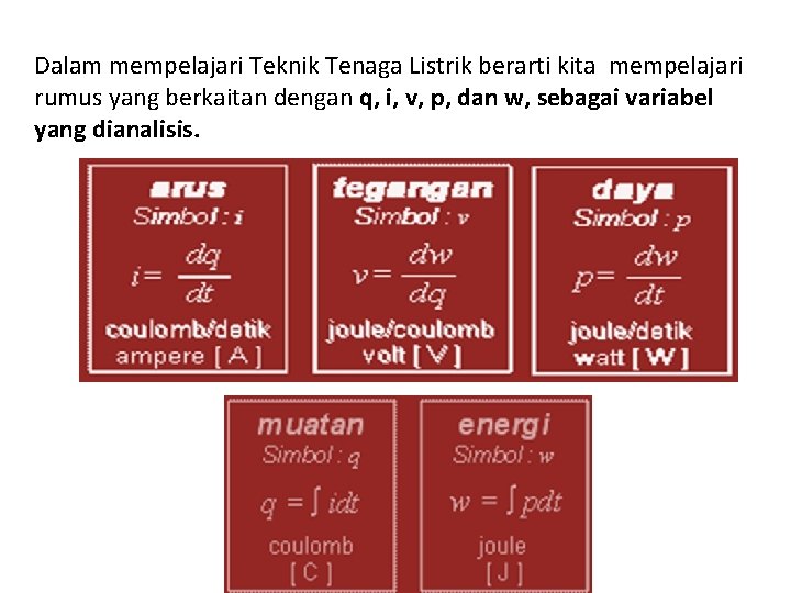 Dalam mempelajari Teknik Tenaga Listrik berarti kita mempelajari rumus yang berkaitan dengan q, i,