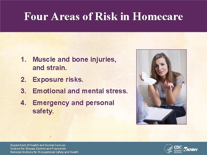 Four Areas of Risk in Homecare 1. Muscle and bone injuries, and strain. 2.