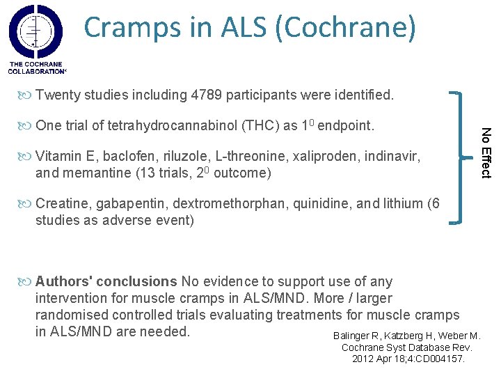 Cramps in ALS (Cochrane) Twenty studies including 4789 participants were identified. Vitamin E, baclofen,