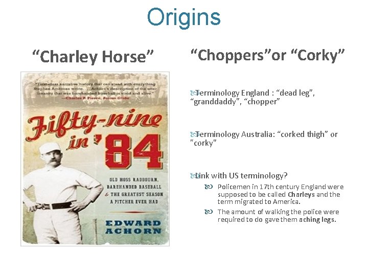 Origins “Charley Horse” “Choppers”or “Corky” Terminology England : “dead leg”, “granddaddy”, “chopper” Terminology Australia: