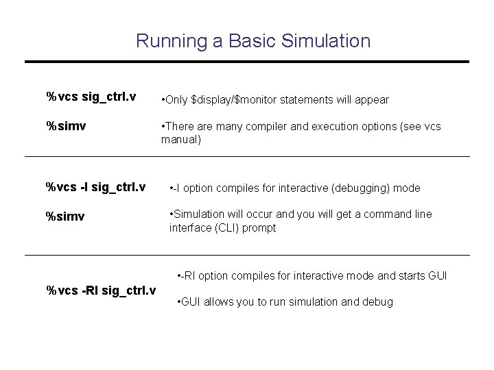 Running a Basic Simulation %vcs sig_ctrl. v • Only $display/$monitor statements will appear %simv