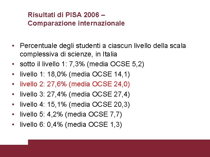 Risultati di PISA 2006 – Comparazione internazionale • Percentuale degli studenti a ciascun livello