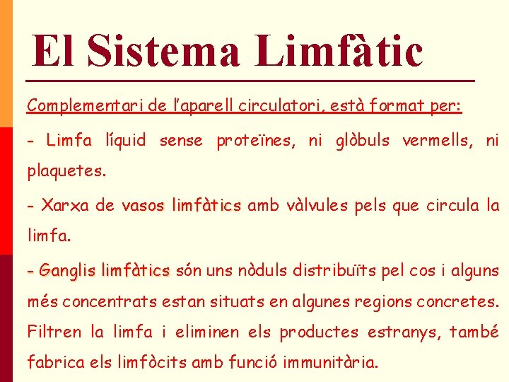 El Sistema Limfàtic Complementari de l’aparell circulatori, està format per: - Limfa líquid sense El Sistema Limfàtic Complementari de l’aparell circulatori, està format per: - Limfa líquid sense