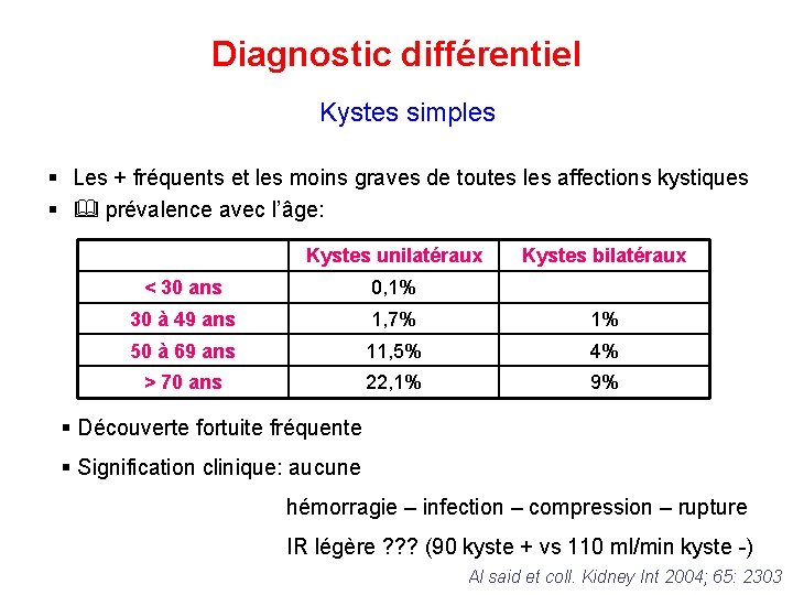 Diagnostic différentiel Kystes simples § Les + fréquents et les moins graves de toutes
