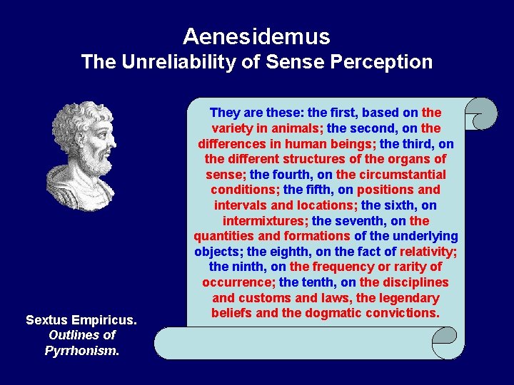 Aenesidemus The Unreliability of Sense Perception Sextus Empiricus. Outlines of Pyrrhonism. They are these: