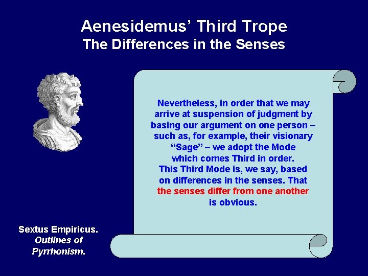 Aenesidemus’ Third Trope The Differences in the Senses Nevertheless, in order that we may
