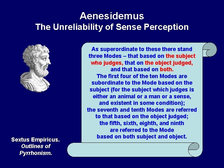 Aenesidemus The Unreliability of Sense Perception Sextus Empiricus. Outlines of Pyrrhonism. As superordinate to