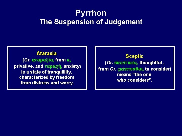 Pyrrhon The Suspension of Judgement Ataraxia (Gr. αταραξία, from α, privative, and ταραχή, anxiety)