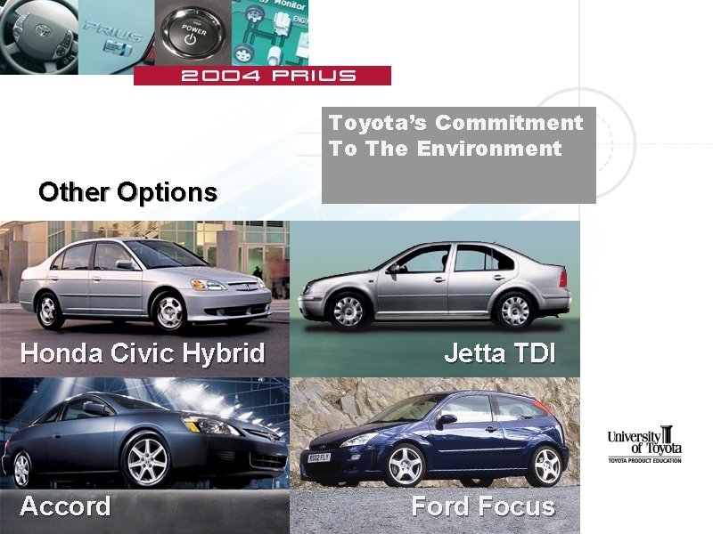 Toyota’s Commitment To The Environment Other Options Honda Civic Hybrid Accord Jetta TDI Ford