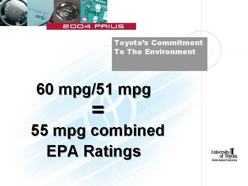 Toyota’s Commitment To The Environment 60 mpg/51 mpg = 55 mpg combined EPA Ratings
