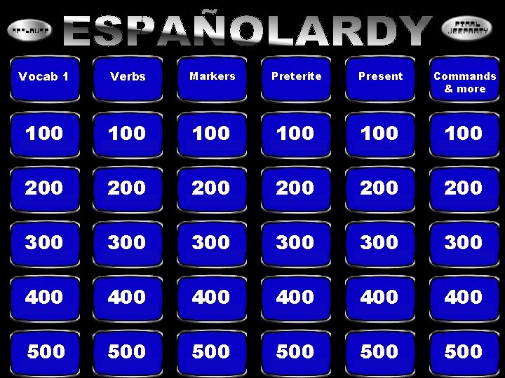Vocab 1 Verbs Markers Preterite Present Commands & more 100 100 100 200 200