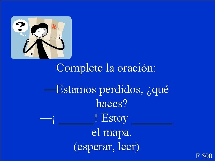 Complete la oración: —Estamos perdidos, ¿qué haces? —¡ ______! Estoy _______ el mapa. (esperar,