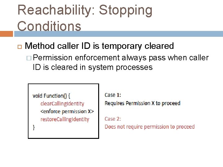 Reachability: Stopping Conditions Method caller ID is temporary cleared � Permission enforcement always pass