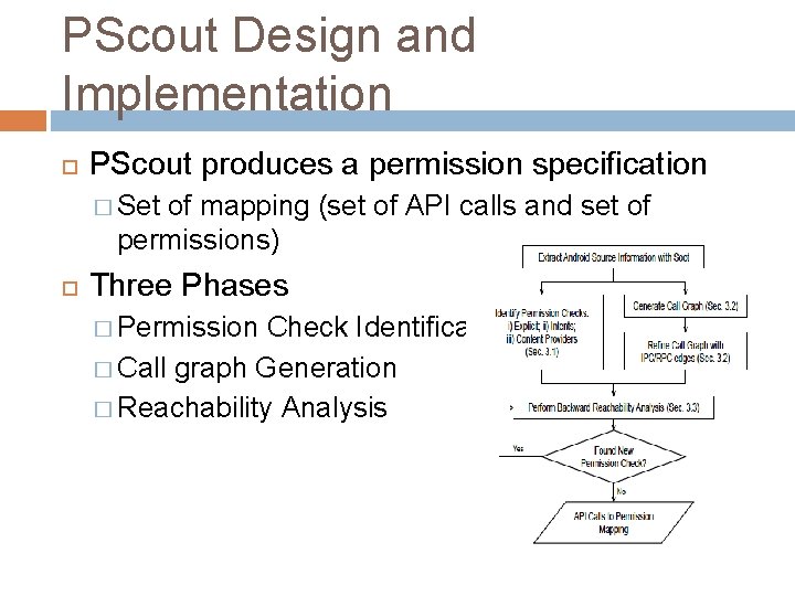 PScout Design and Implementation PScout produces a permission specification � Set of mapping (set