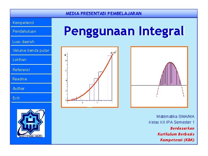 MEDIA PRESENTASI PEMBELAJARAN Kompetensi Pendahuluan Penggunaan Integral Luas daerah Volume benda putar 9 Latihan