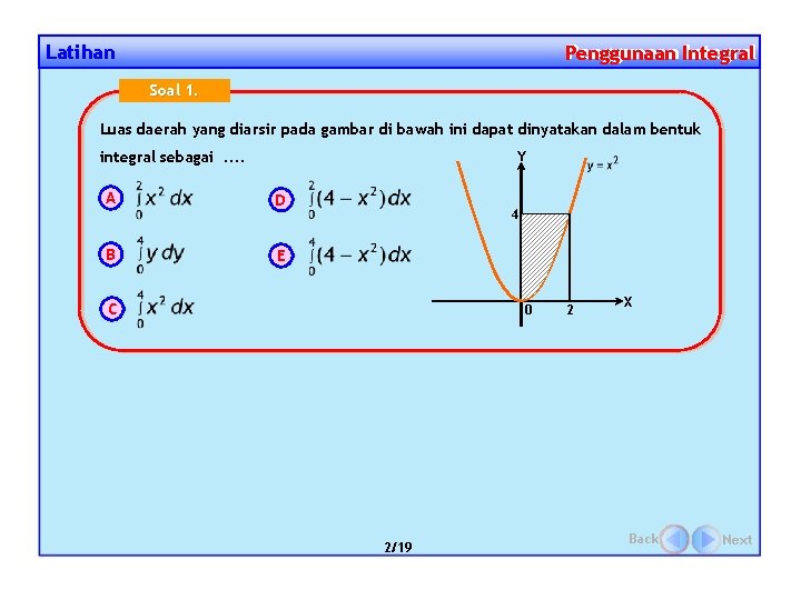 Latihan Penggunaan Integral Penggunaan Soal 1. Luas daerah yang diarsir pada gambar di bawah